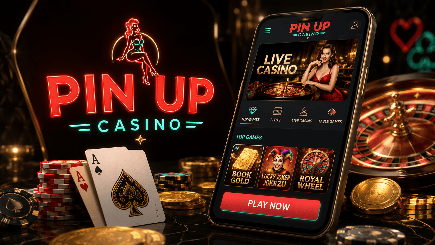 Pin Up saytining asosiy sahifasi va kazino menyusi